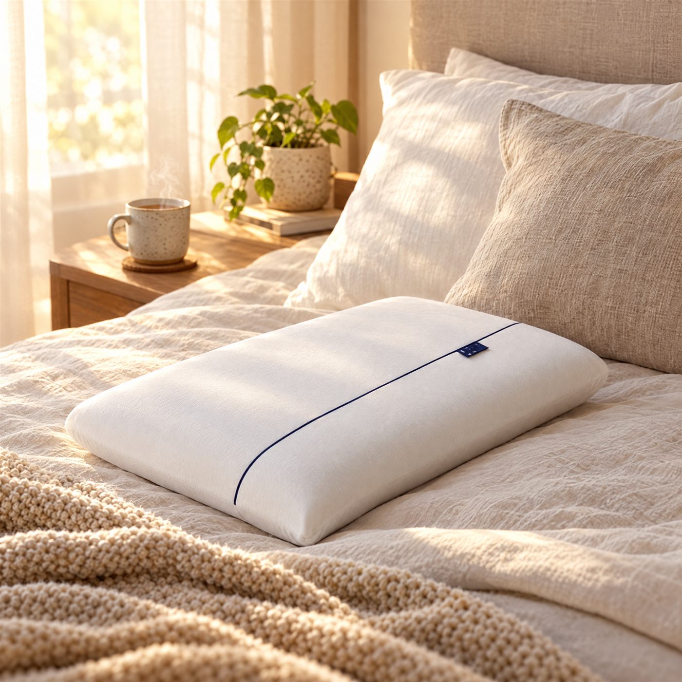 Almohada Nubara de memory foam sobre una cama con luz de mañana