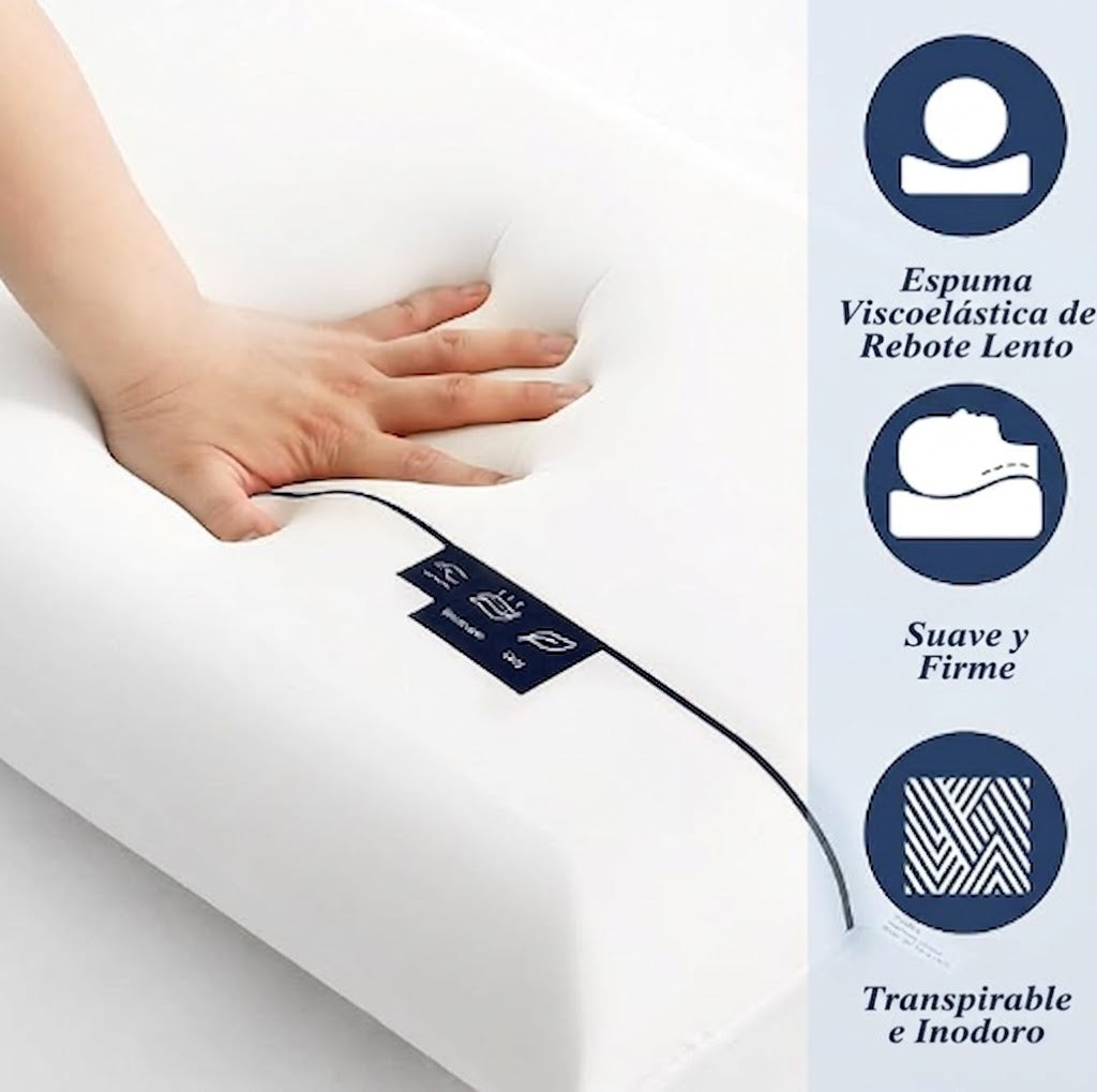Mano hundiéndose en la almohada Nubara™: espuma viscoelástica de rebote lento, suave y firme, transpirable e inodora
