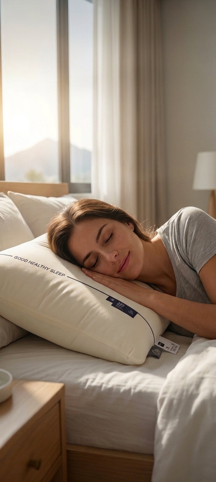Mujer durmiendo de lado sobre la almohada Nubara™ de memory foam en un dormitorio con luz de mañana