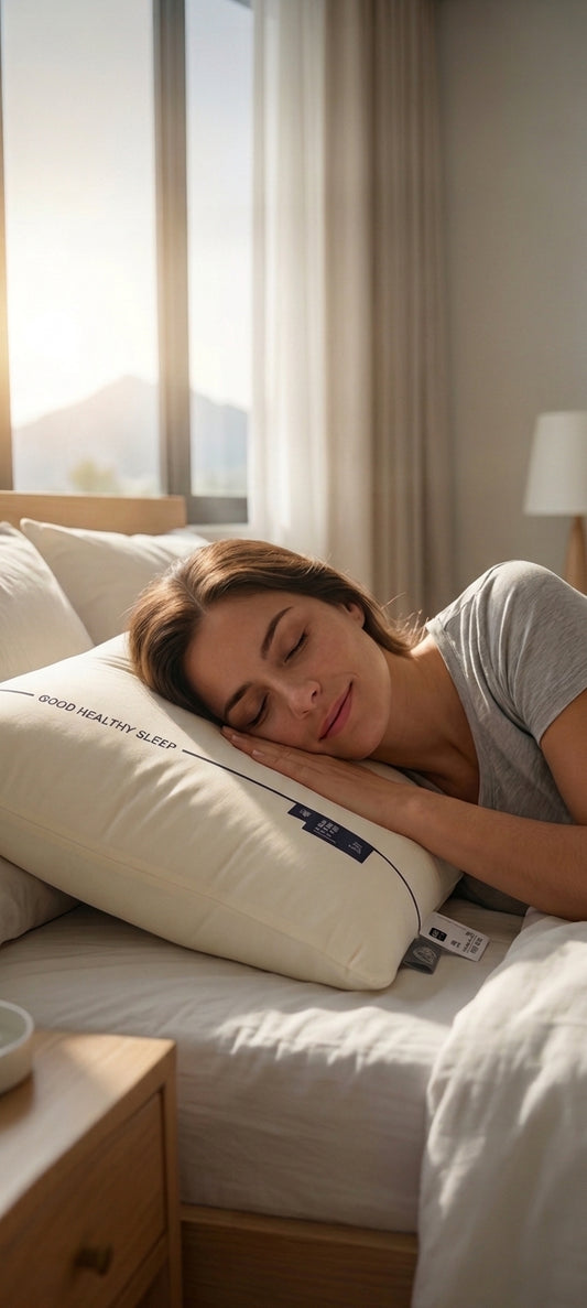 Mujer durmiendo de lado sobre la almohada Nubara™ de memory foam en un dormitorio con luz de mañana